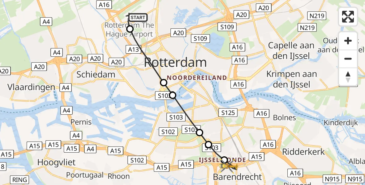 Vluchtroute Traumahelikopter Rotterdam The Hague Airport - Barendrecht, 28 juni 2026, 16:39