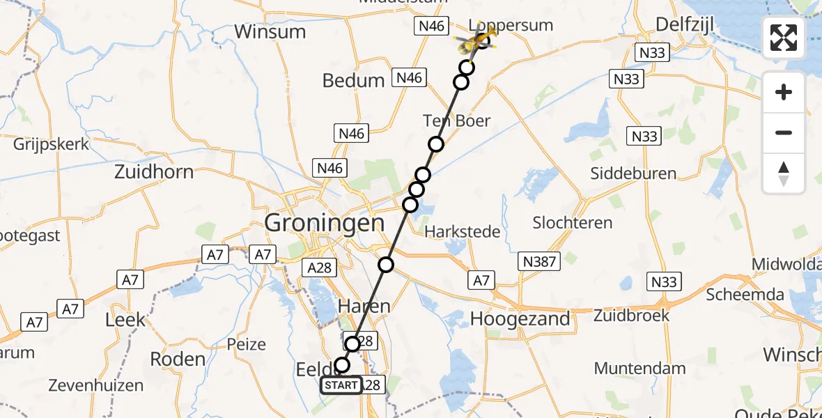Vluchtroute Traumahelikopter Groningen Airport Eelde - Loppersum, 28 juni 2026, 16:52