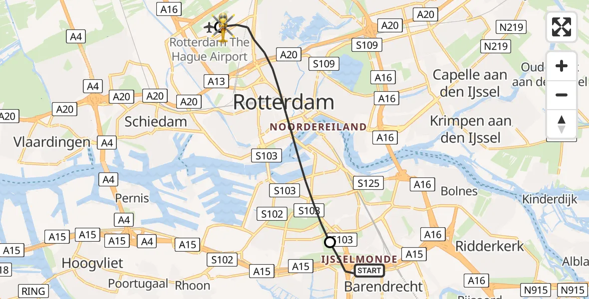 Vluchtroute Traumahelikopter Barendrecht - Rotterdam The Hague Airport, 28 juni 2026, 16:59