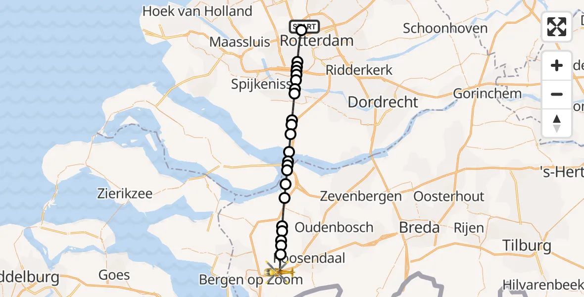 Vluchtroute Traumahelikopter Rotterdam The Hague Airport - Heerle, 28 juni 2026, 19:23