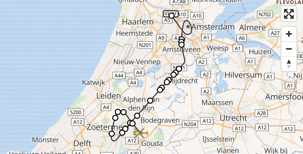 Vluchtroute Traumahelikopter Amsterdam Heliport - Waddinxveen, 28 juni 2026, 20:10