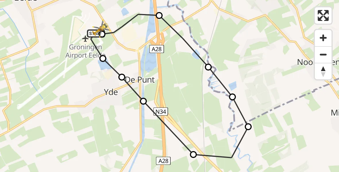 Vluchtroute Traumahelikopter Groningen Airport Eelde - Groningen Airport Eelde, 28 juni 2026, 20:11