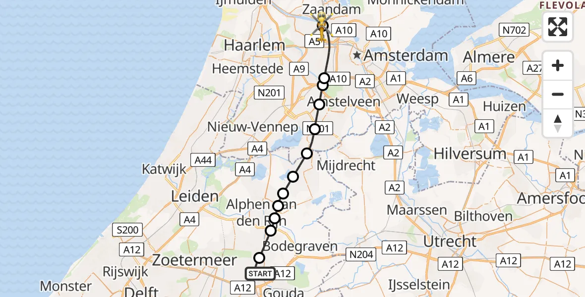 Vluchtroute Traumahelikopter Waddinxveen - Amsterdam Heliport, 28 juni 2026, 20:46