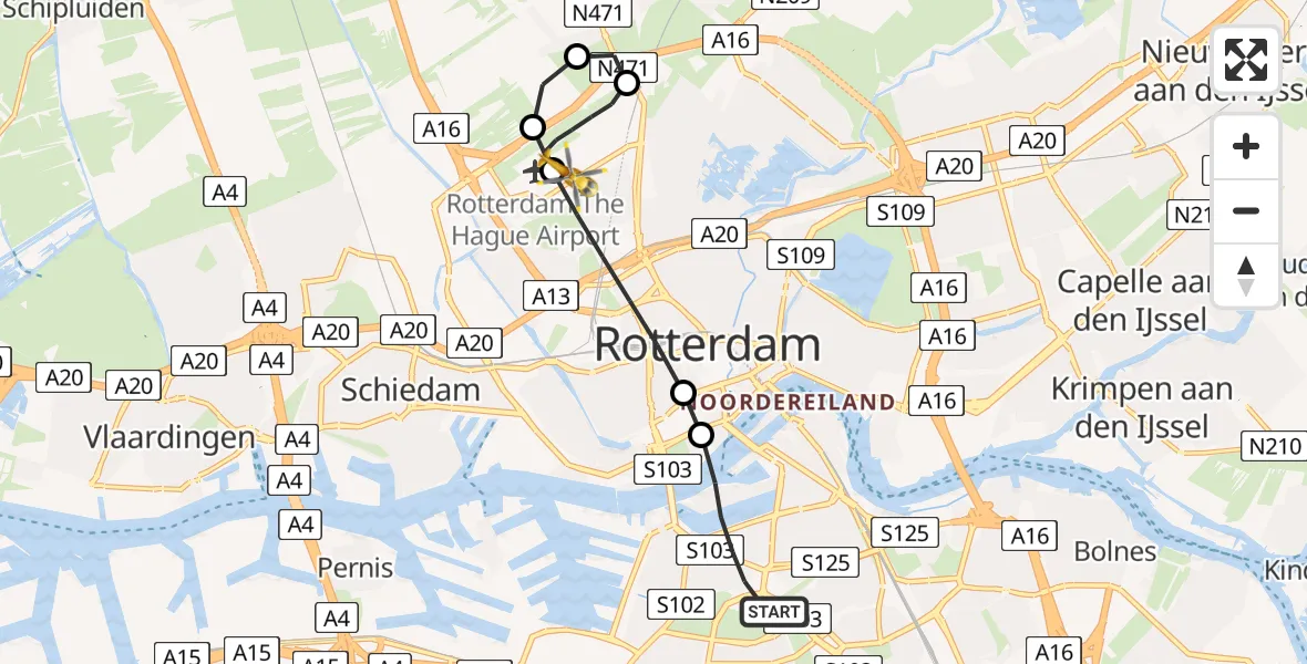 Vluchtroute Traumahelikopter Rotterdam - Rotterdam The Hague Airport, 28 juni 2026, 21:28