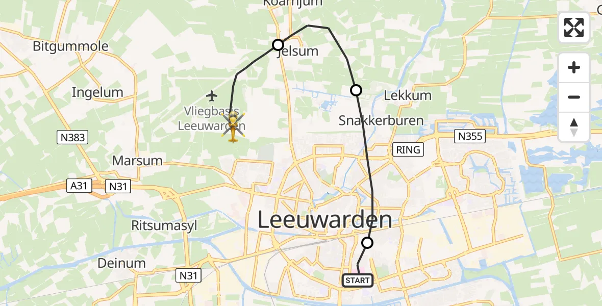 Vluchtroute Ambulancehelikopter Leeuwarden Medical Center Heliport - Vliegbasis Leeuwarden, 28 juni 2026, 23:55