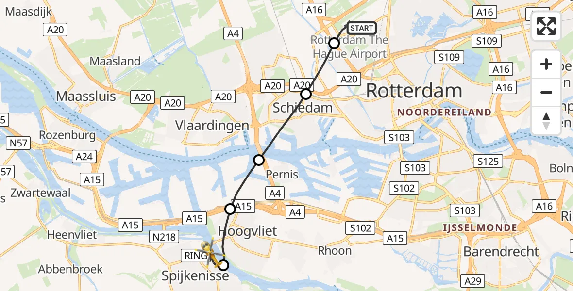 Vluchtroute Traumahelikopter Rotterdam The Hague Airport - Spijkenisse, 29 juni 2026, 00:49
