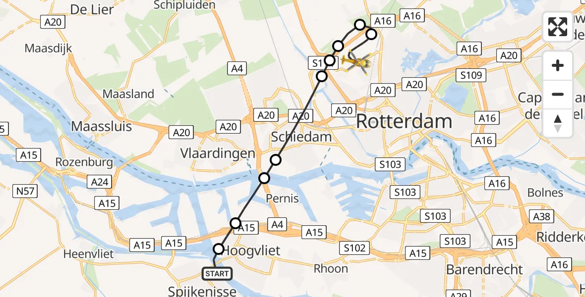 Vluchtroute Traumahelikopter Spijkenisse - Rotterdam The Hague Airport, 29 juni 2026, 01:22