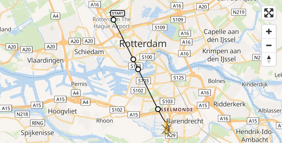 Vluchtroute Traumahelikopter Rotterdam The Hague Airport - Barendrecht, 29 juni 2026, 04:40