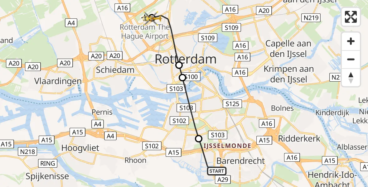 Vluchtroute Traumahelikopter Barendrecht - Rotterdam The Hague Airport, 29 juni 2026, 05:10