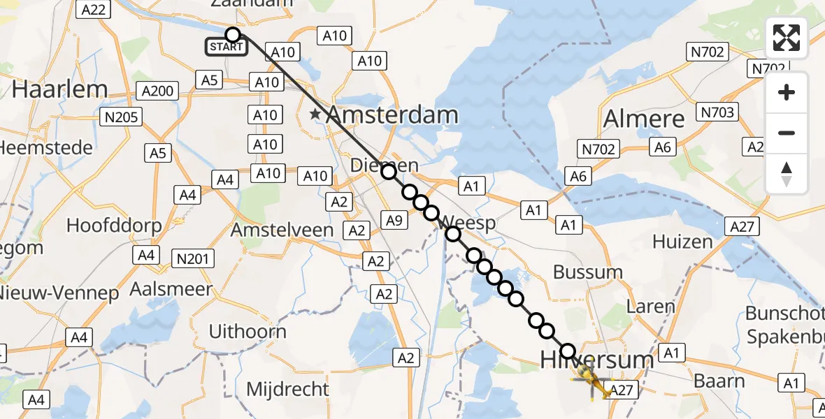 Vluchtroute Traumahelikopter Amsterdam Heliport - Hilversum, 29 juni 2026, 06:17