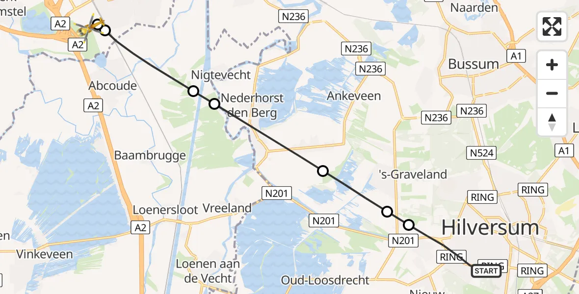 Vluchtroute Traumahelikopter Hilversum - Amsterdam UMC Helipad, 29 juni 2026, 07:03