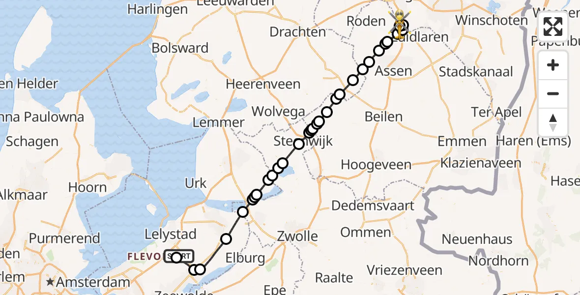 Vluchtroute Traumahelikopter Lelystad Airport - Groningen Airport Eelde, 29 juni 2026, 07:21