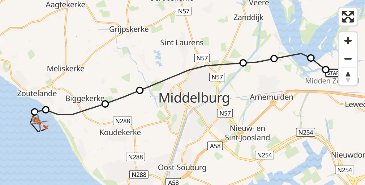 Vluchtroute Kustwachthelikopter Vliegveld Midden-Zeeland - Noordzee, 29 juni 2026, 07:51