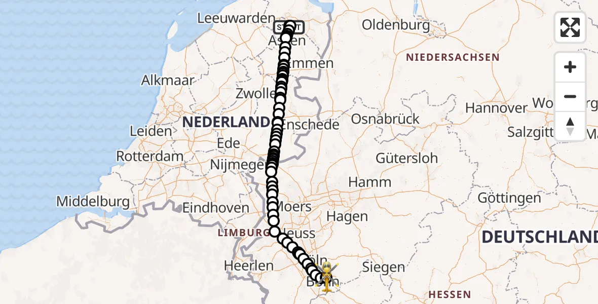 Vluchtroute Traumahelikopter Groningen Airport Eelde - Bonn-Hangelar Flugplatz, 29 juni 2026, 09:16