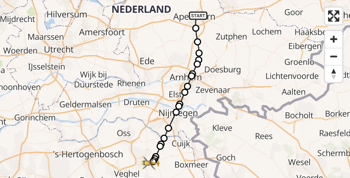Vluchtroute Traumahelikopter Apeldoorn - Vliegbasis Volkel, 29 juni 2026, 10:17
