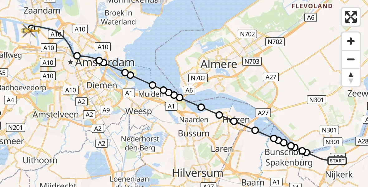 Vluchtroute Traumahelikopter Nijkerk - Amsterdam Heliport, 29 juni 2026, 12:08