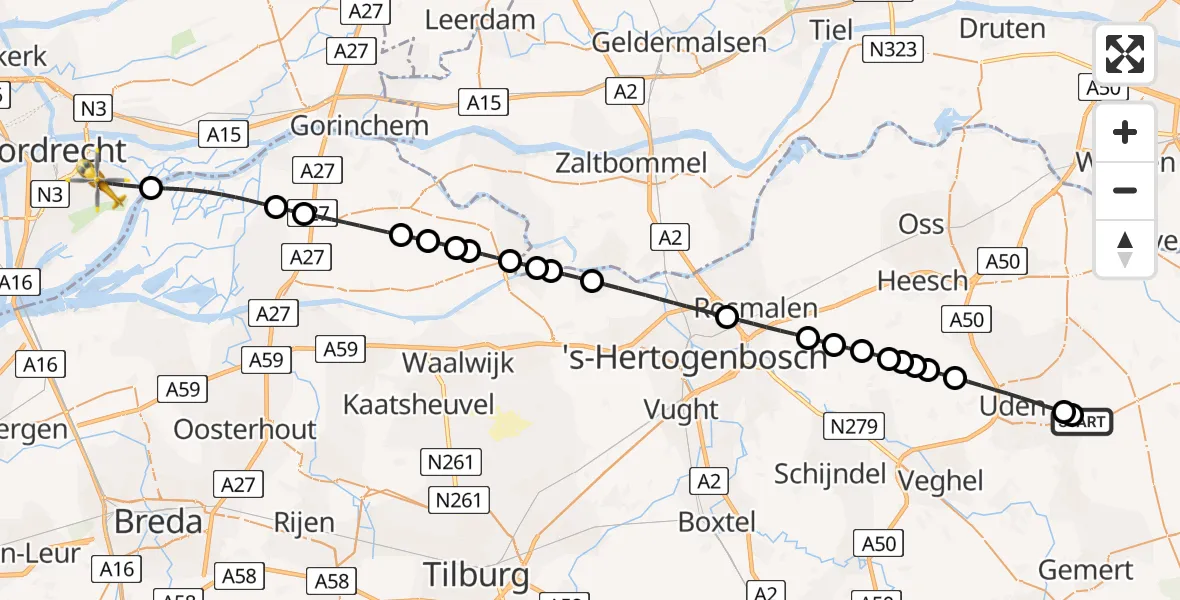 Vluchtroute Traumahelikopter Vliegbasis Volkel - Dordrecht, 29 juni 2026, 14:00
