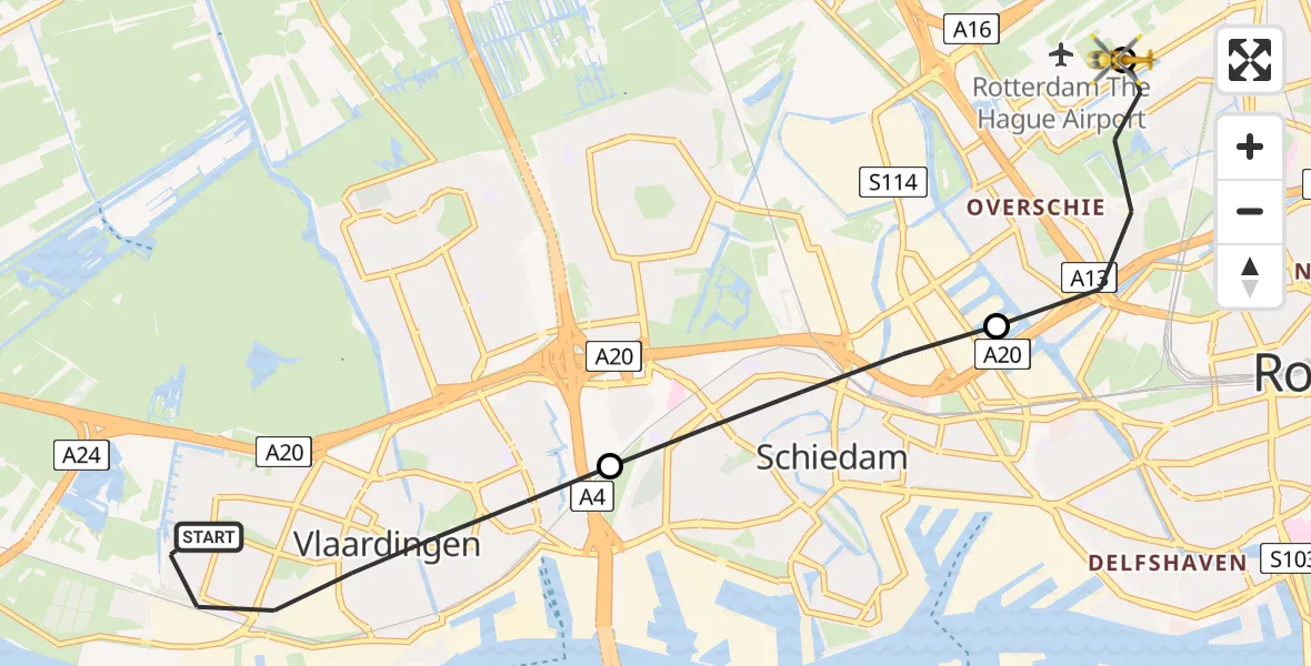 Vluchtroute Traumahelikopter Vlaardingen - Rotterdam The Hague Airport, 29 juni 2026, 14:06