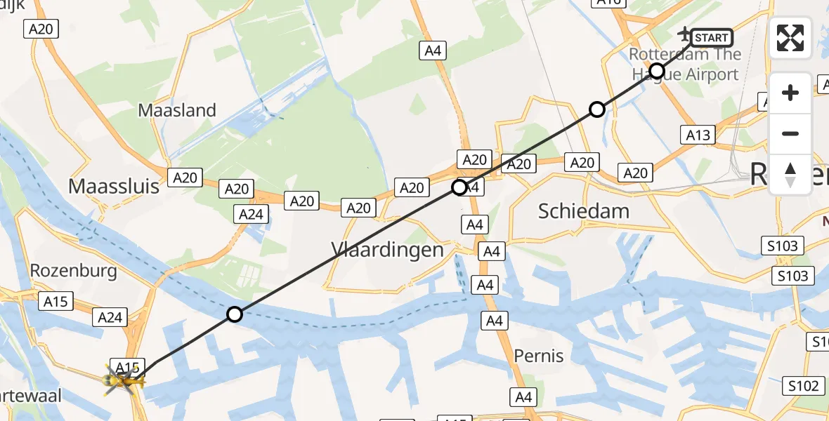 Vluchtroute Traumahelikopter Rotterdam The Hague Airport - Botlek Rotterdam, 29 juni 2026, 14:36
