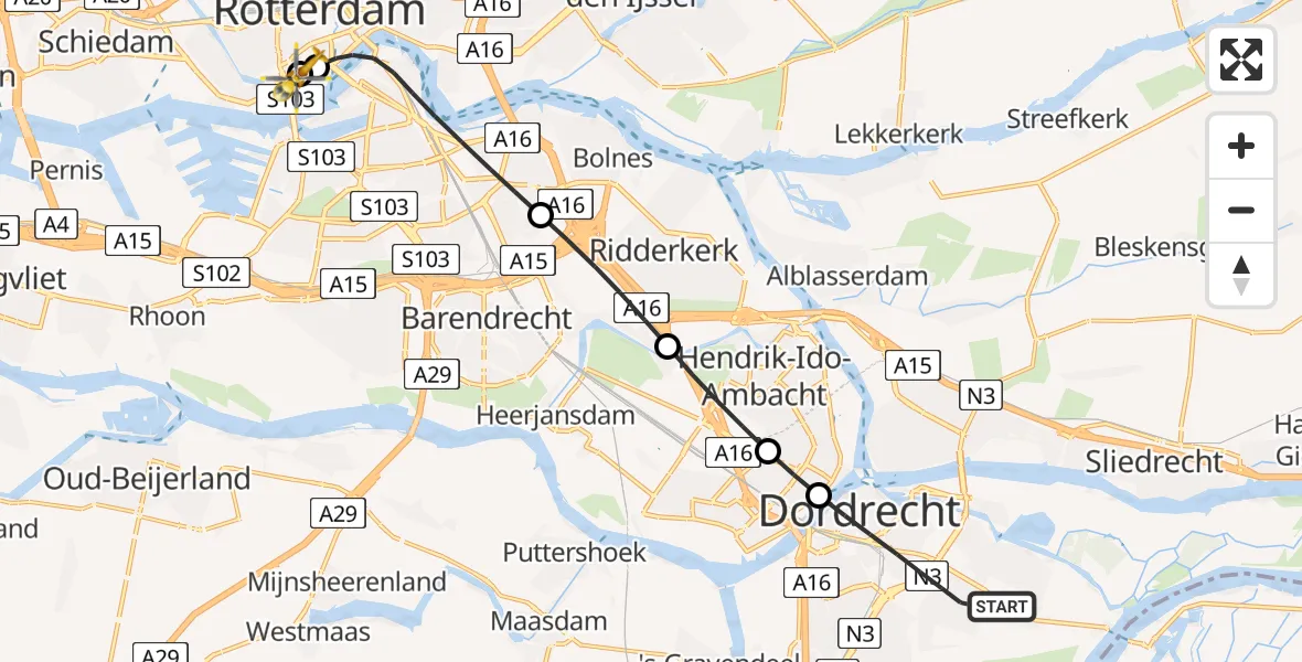 Vluchtroute Traumahelikopter Dordrecht - Leids Universitair Medisch Centrum (LUMC), 29 juni 2026, 14:38