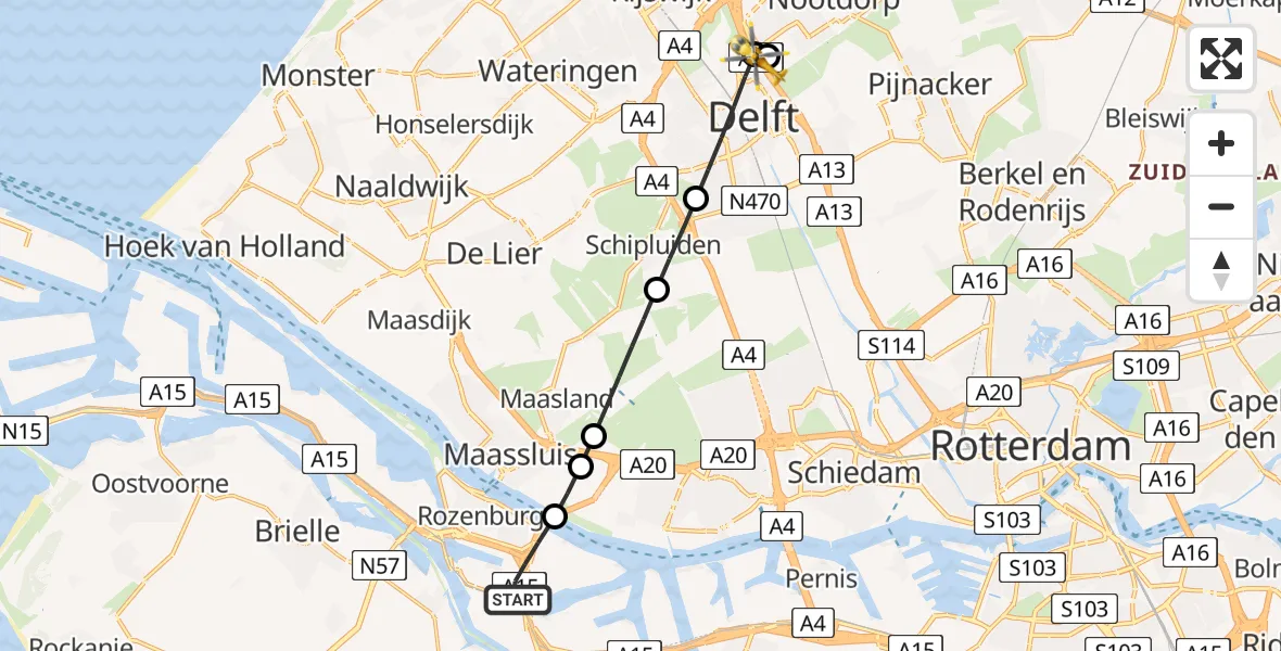 Vluchtroute Traumahelikopter Botlek Rotterdam - Delft, 29 juni 2026, 14:56