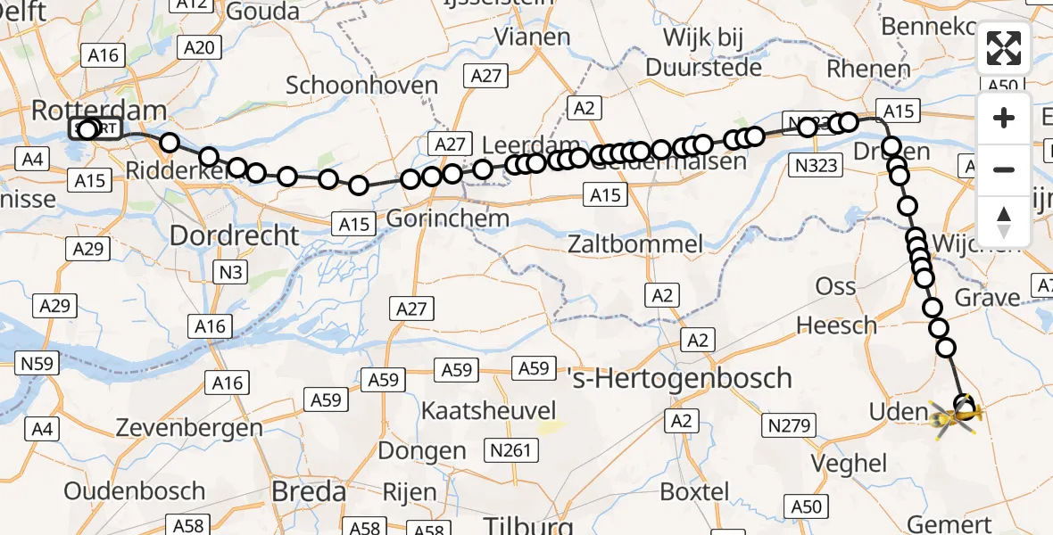 Vluchtroute Traumahelikopter Leids Universitair Medisch Centrum (LUMC) - Vliegbasis Volkel, 29 juni 2026, 15:08