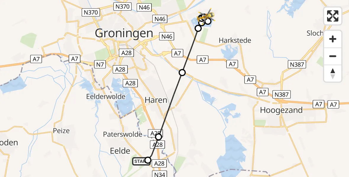 Vluchtroute Traumahelikopter Groningen Airport Eelde - Meerstad, 29 juni 2026, 16:34