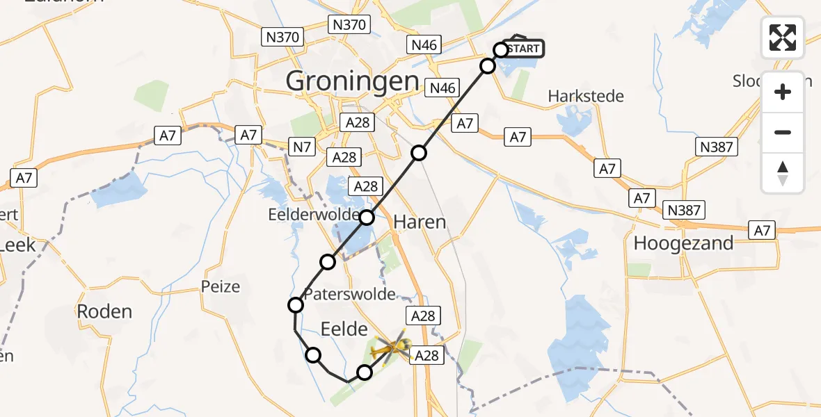 Vluchtroute Traumahelikopter Meerstad - Groningen Airport Eelde, 29 juni 2026, 17:08