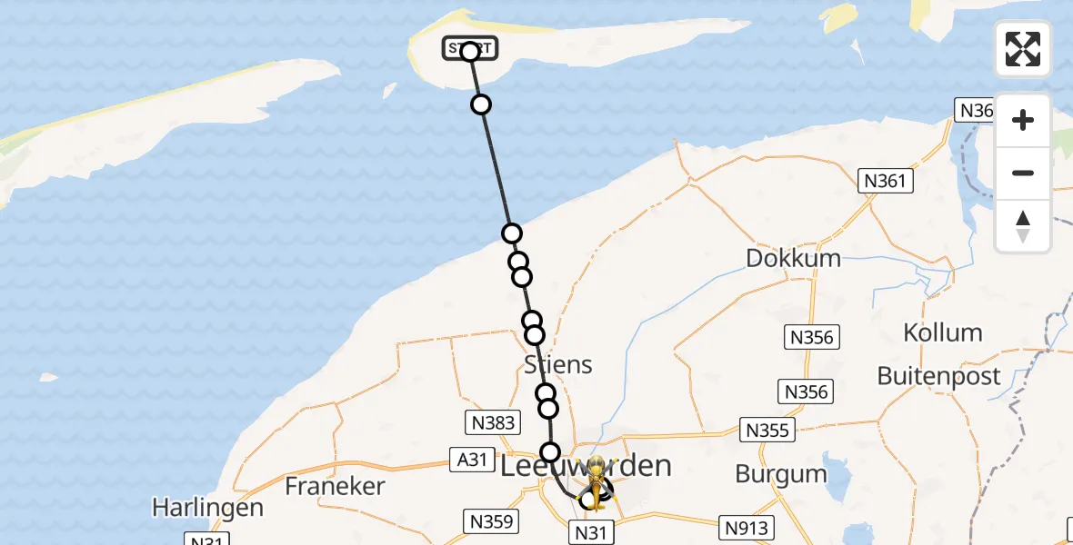 Vluchtroute Ambulancehelikopter Ameland Vliegveld Ballum - Leeuwarden Medical Center Heliport, 29 juni 2026, 17:40