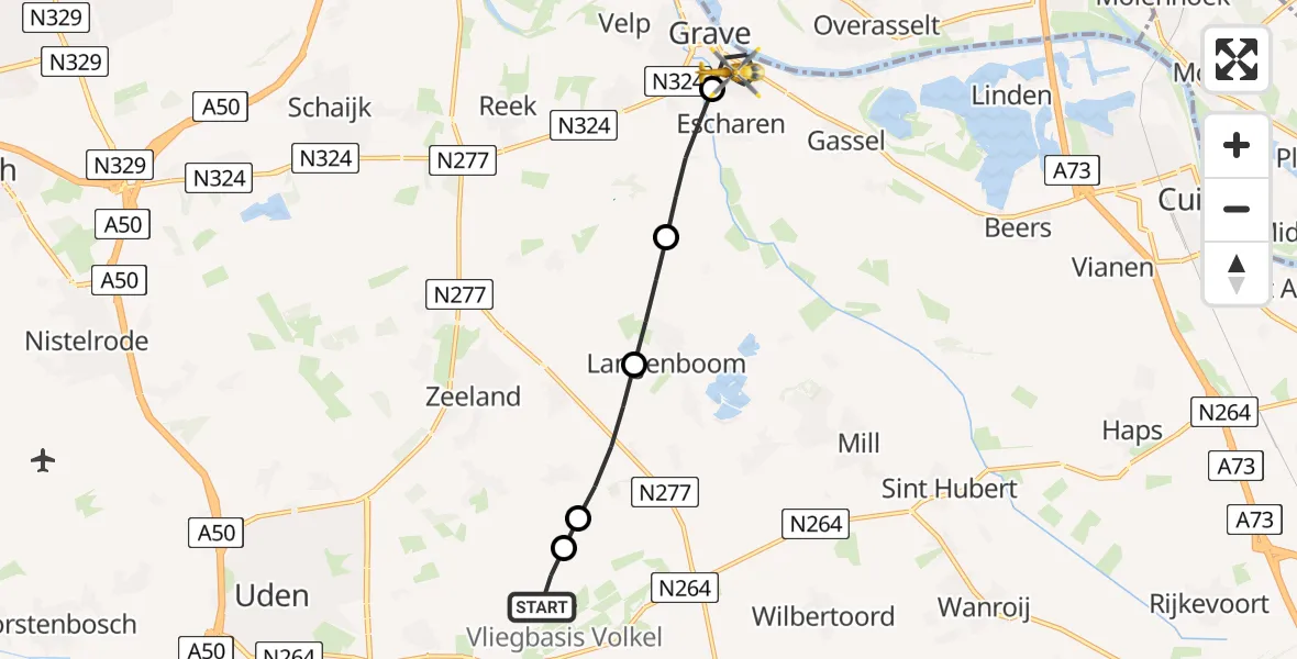 Vluchtroute Traumahelikopter Vliegbasis Volkel - Grave, 29 juni 2026, 17:47