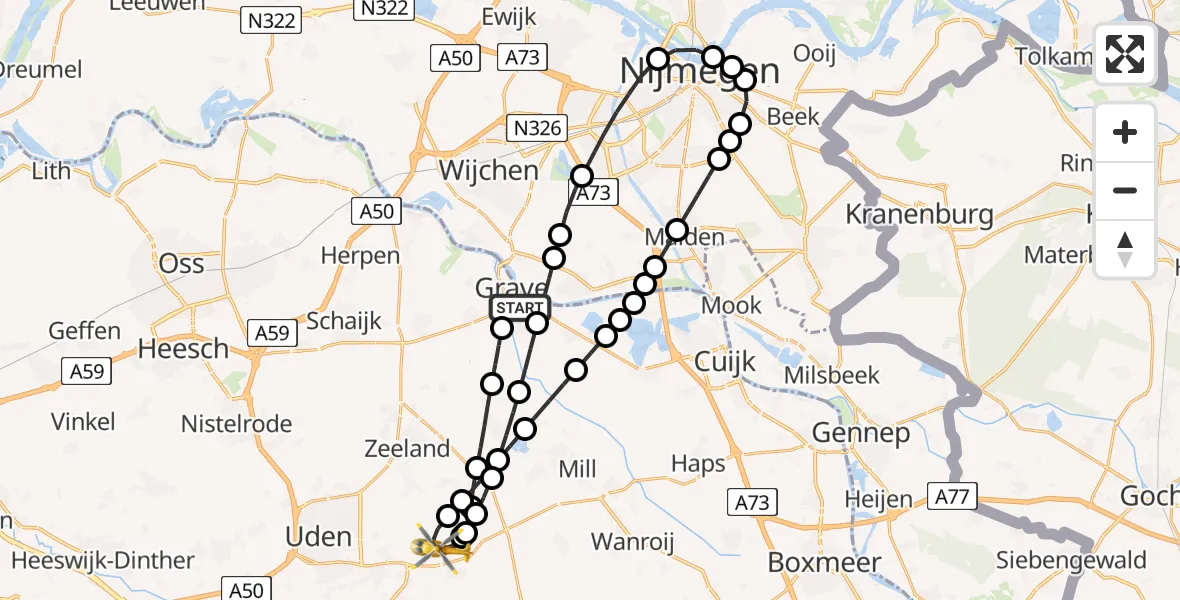 Vluchtroute Traumahelikopter Grave - Vliegbasis Volkel, 29 juni 2026, 18:05