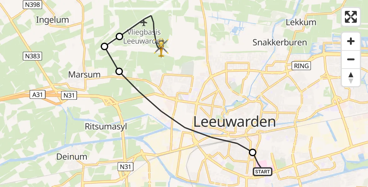 Vluchtroute Ambulancehelikopter Leeuwarden Medical Center Heliport - Vliegbasis Leeuwarden, 29 juni 2026, 18:26