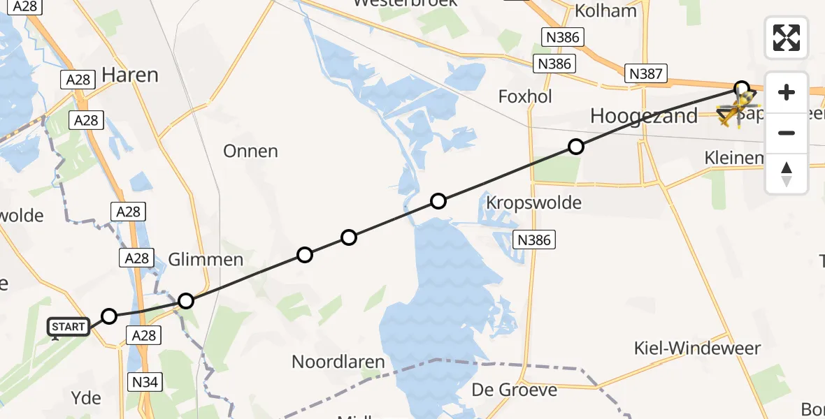 Vluchtroute Traumahelikopter Groningen Airport Eelde - Sappemeer, 29 juni 2026, 18:38