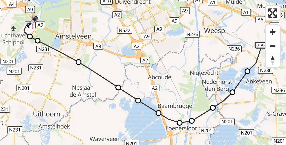 Vluchtroute Politiehelikopter Weesp - Amsterdam Vliegveld Schiphol, 29 juni 2026, 19:29