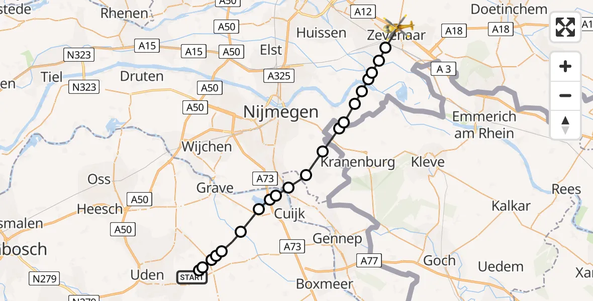 Vluchtroute Traumahelikopter Vliegbasis Volkel - Zevenaar, 29 juni 2026, 19:30