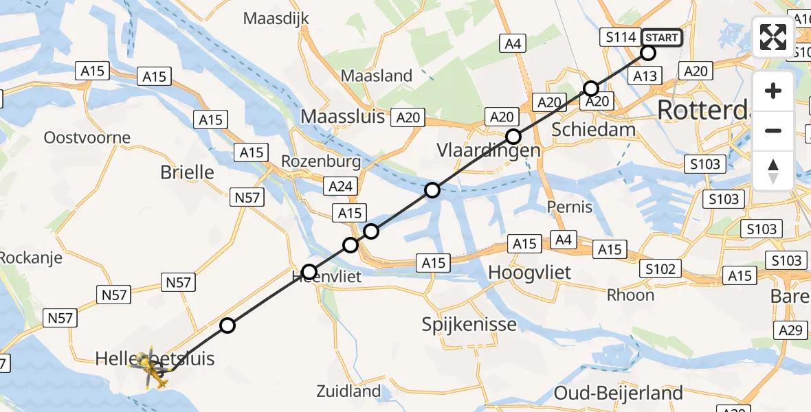 Vluchtroute Traumahelikopter Rotterdam The Hague Airport - Hellevoetsluis, 29 juni 2026, 19:51