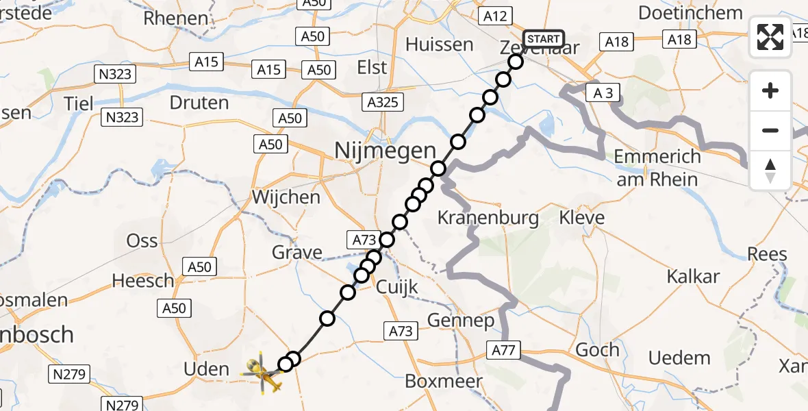 Vluchtroute Traumahelikopter Zevenaar - Vliegbasis Volkel, 29 juni 2026, 19:59