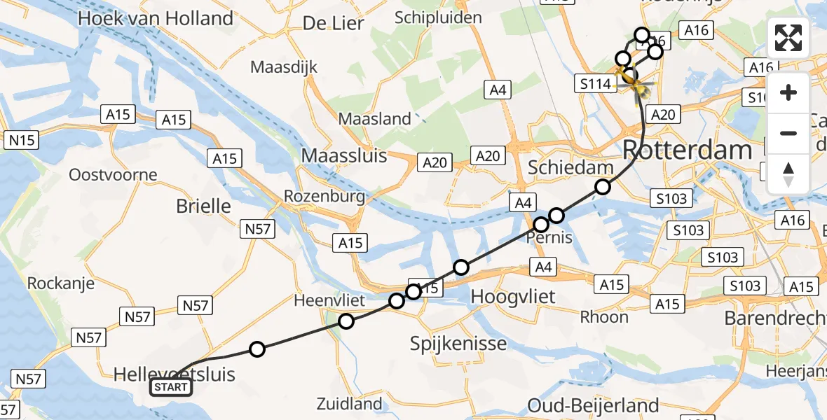 Vluchtroute Traumahelikopter Hellevoetsluis - Rotterdam The Hague Airport, 29 juni 2026, 20:30