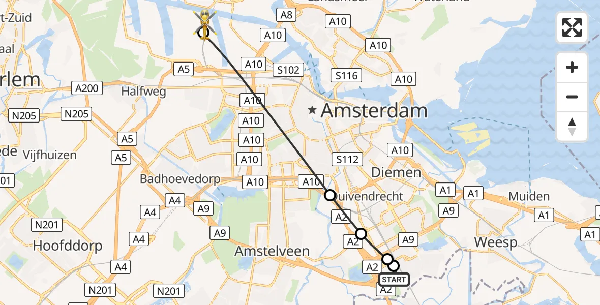 Vluchtroute Traumahelikopter Amsterdam UMC Helipad - Amsterdam Heliport, 29 juni 2026, 21:31