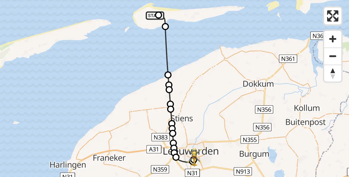 Vluchtroute Ambulancehelikopter Ameland Vliegveld Ballum - Leeuwarden Medical Center Heliport, 29 juni 2026, 21:55