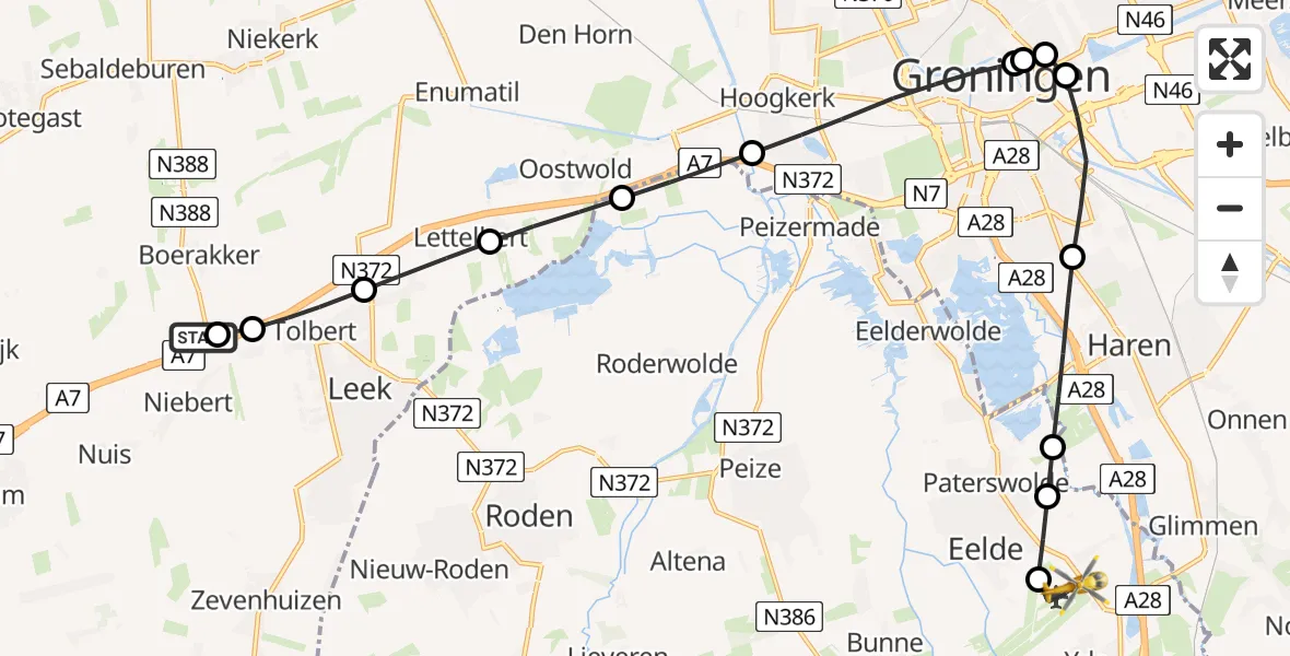 Vluchtroute Traumahelikopter Niebert - Groningen Airport Eelde, 30 juni 2026, 06:07