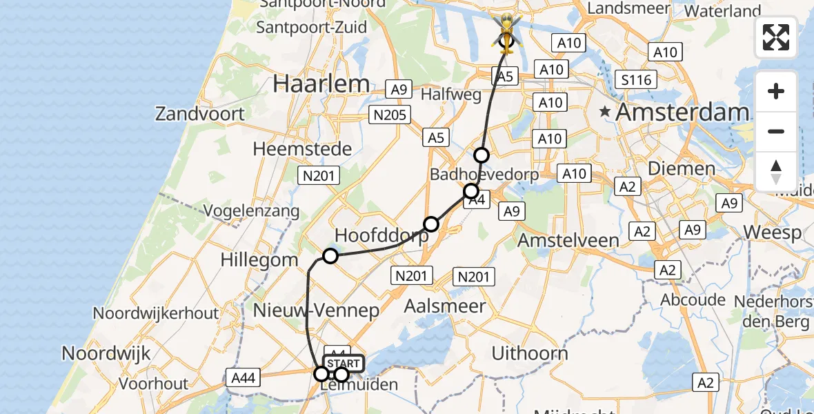 Vluchtroute Traumahelikopter Leimuiderbrug - Amsterdam Heliport, 30 juni 2026, 06:36