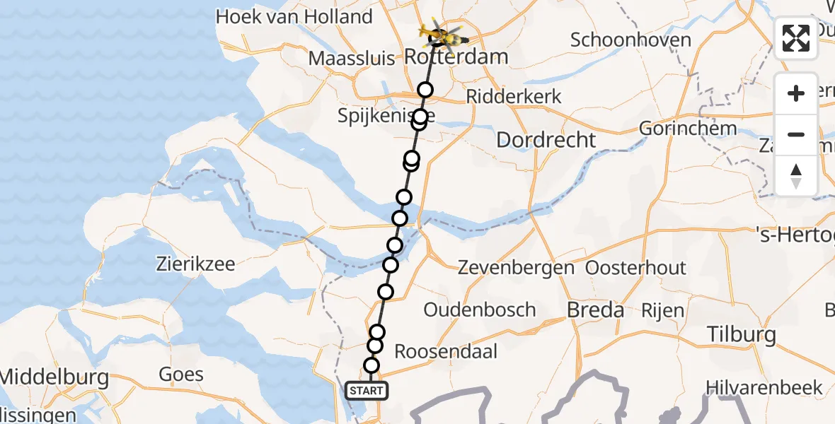 Vluchtroute Traumahelikopter Bergen op Zoom - Rotterdam The Hague Airport, 30 juni 2026, 07:19