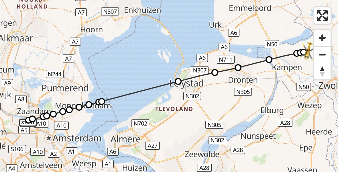 Vluchtroute Traumahelikopter Amsterdam Heliport - Genemuiden, 30 juni 2026, 07:43