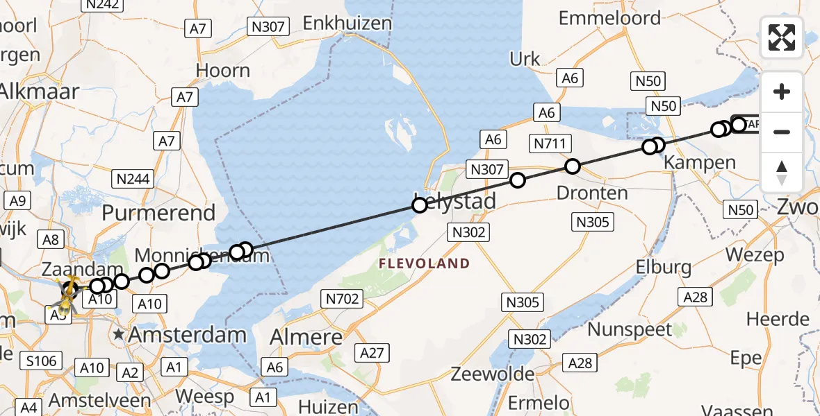 Vluchtroute Traumahelikopter Genemuiden - Amsterdam Heliport, 30 juni 2026, 08:18