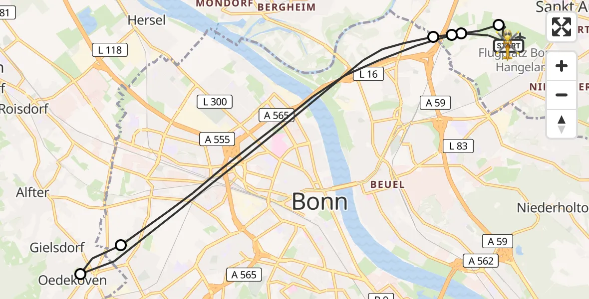 Vluchtroute Ambulancehelikopter Bonn-Hangelar Flugplatz - Bonn-Hangelar Flugplatz, 30 juni 2026, 08:55