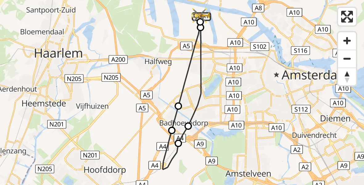 Vluchtroute Traumahelikopter Amsterdam Heliport - Amsterdam Heliport, 30 juni 2026, 10:09