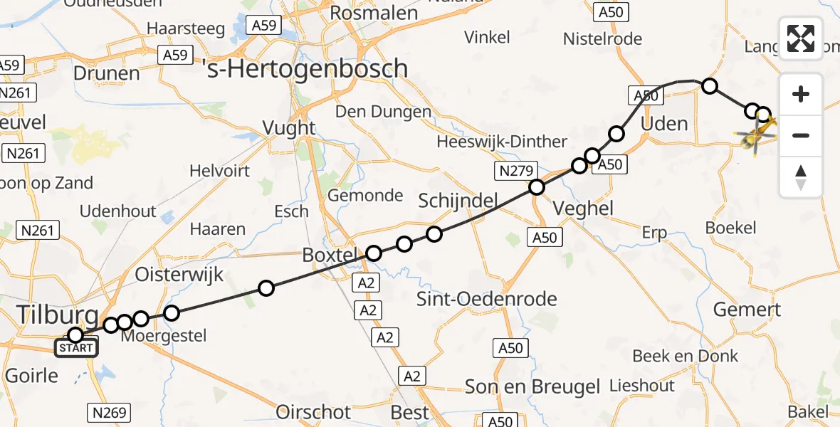 Vluchtroute Traumahelikopter St. Elisabeth Hospital Heliport - Vliegbasis Volkel, 30 juni 2026, 11:48