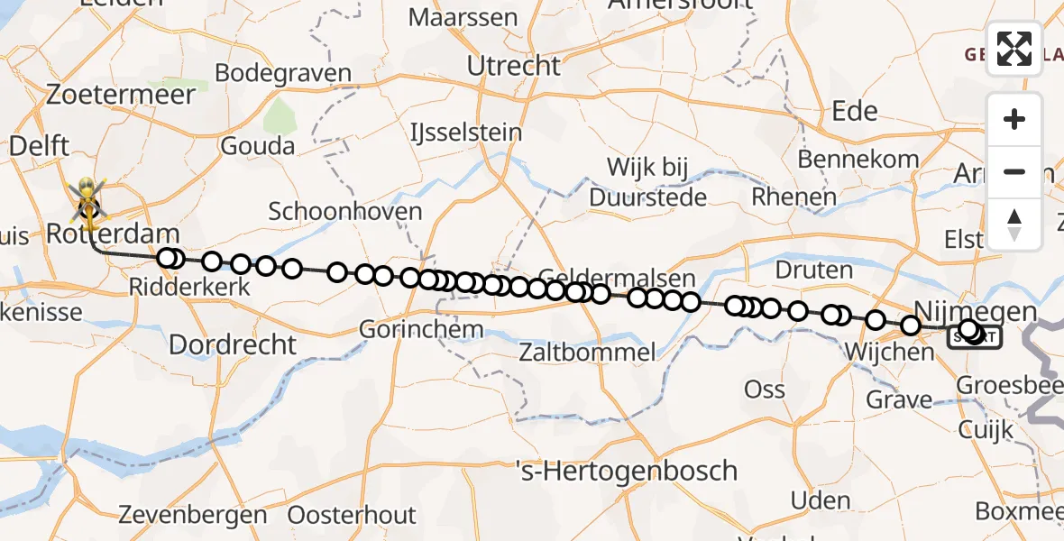 Vluchtroute Traumahelikopter Radboud Universitair Medisch Centrum - Rotterdam The Hague Airport, 30 juni 2026, 12:57