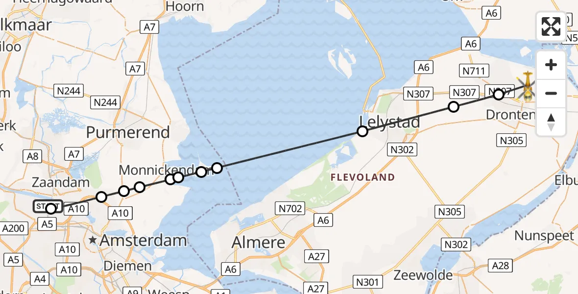 Vluchtroute Traumahelikopter Amsterdam Heliport - Dronten, 30 juni 2026, 19:35